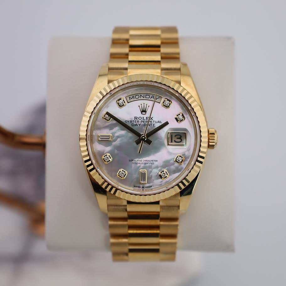 0_7431aa4d-d137-4775-9434-1941dde6c30a.jpg Rolex Yellow Gold Day-Date 36 Watch - Fluted Bezel - Mother-of-Pearl Diamond Dial - President Bracelet - 128238 mdp - Image 1