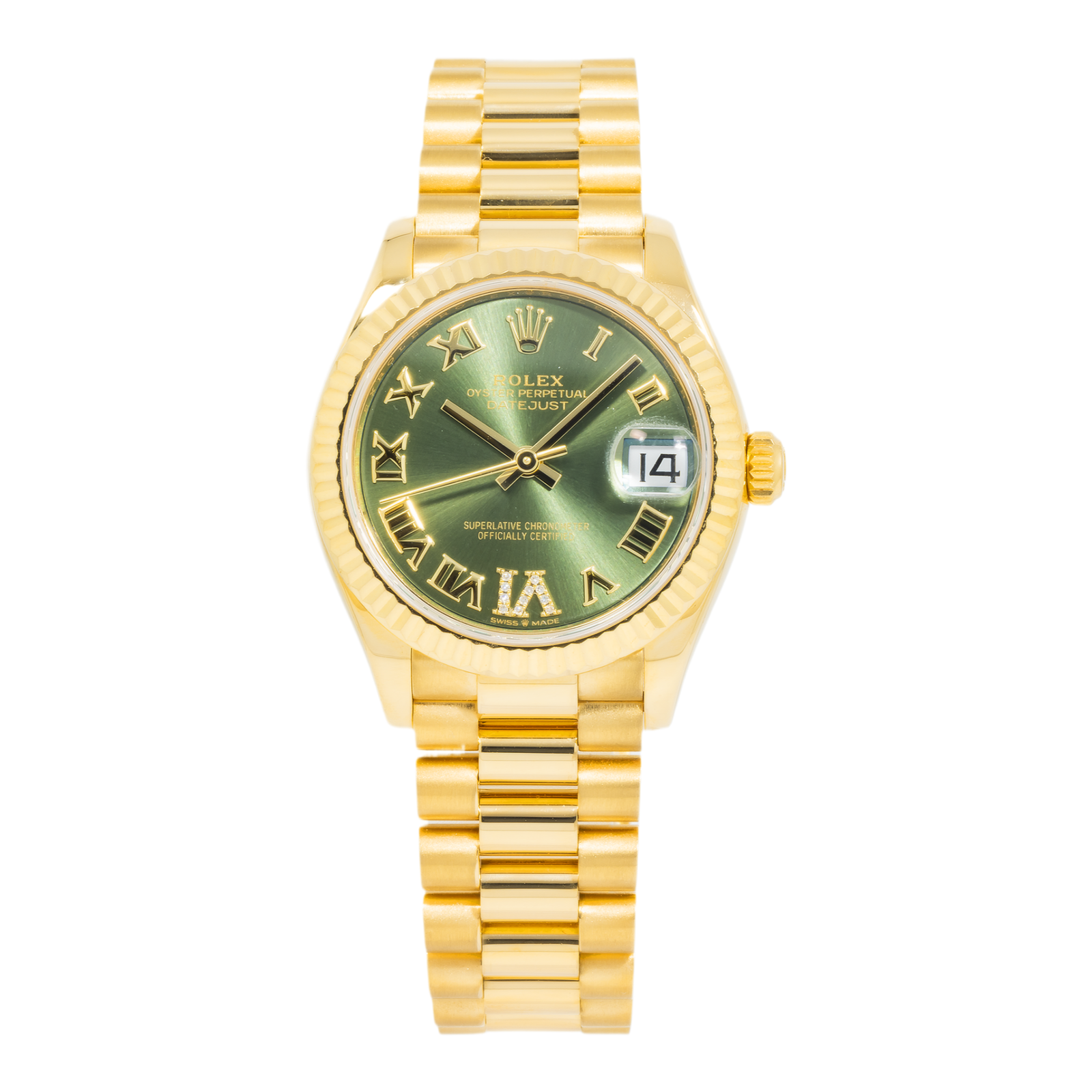 IMG_0342.png Rolex Ladies 31mm 18K Yellow Gold Datejust 278278 with Green Roman Diamond Dial and President Bracelet - Image 1