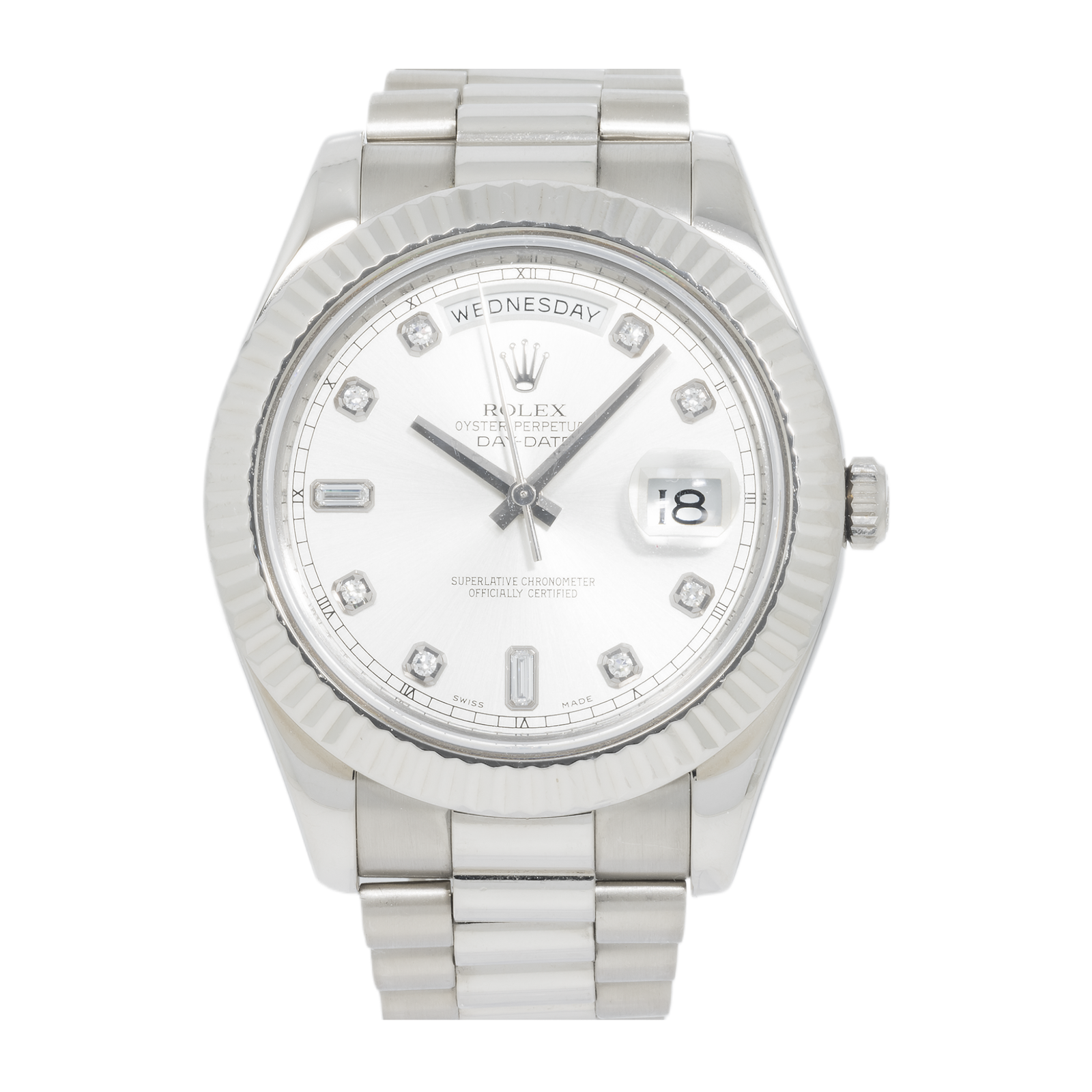 Pre-Owned-Rolex-18K-White-41mm-Gold-Day-Date-II-with-Silver-Baguette-and-Diamond-Dial-President-Braclet-JD-Watches-NY.png Rolex 18K White 41mm Gold Day-Date II with Silver Baguette and Diamond Dial, President Braclet - Image 1