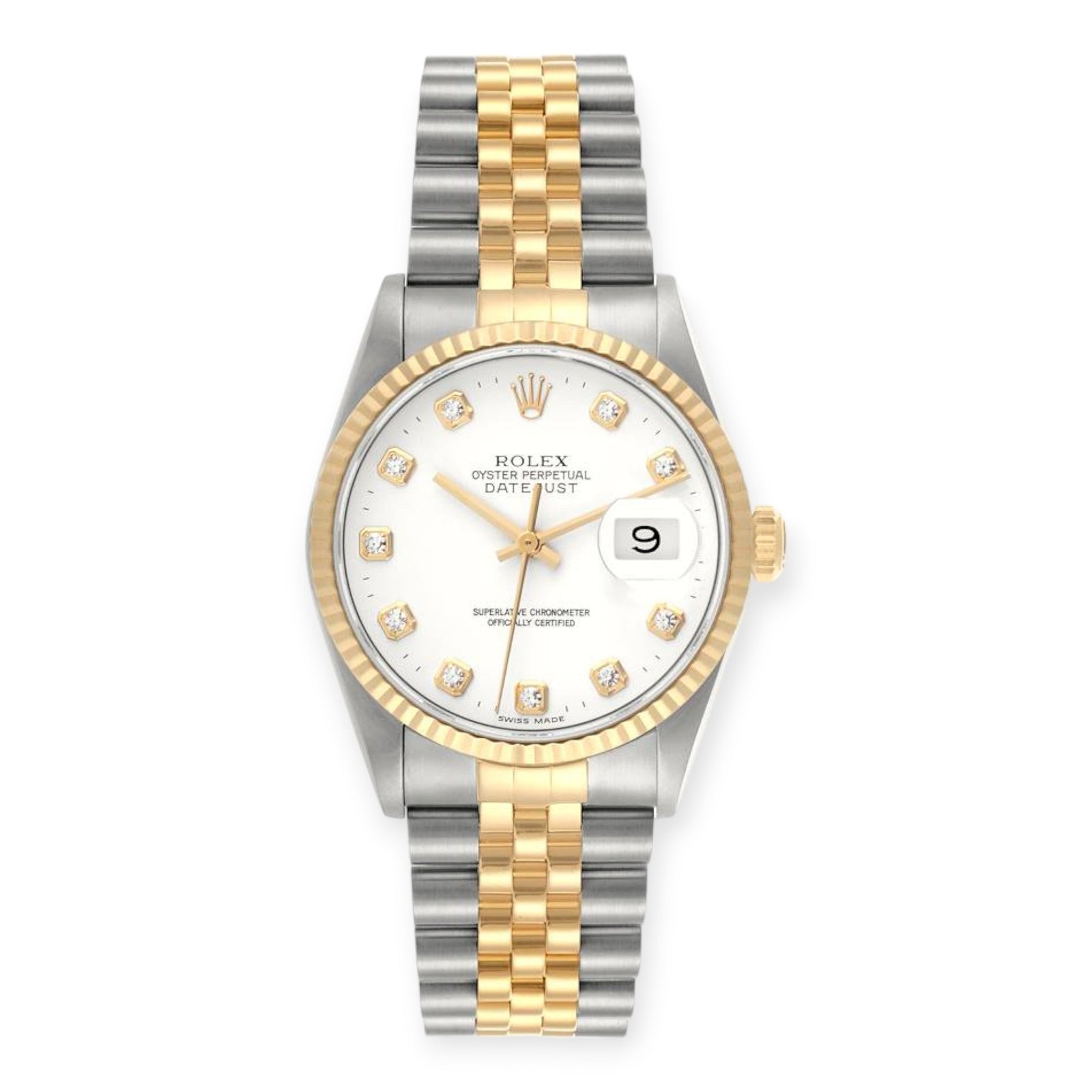 Pre-Owned-Rolex-Datejust-36mm-16233-Steel-Yellow-Gold-White-Diamond-Dial-Mens-Watch-JD-Watches-NY.jpg Rolex Datejust 36mm 16233 Steel Yellow Gold White Diamond Dial Mens Watch - Image 1
