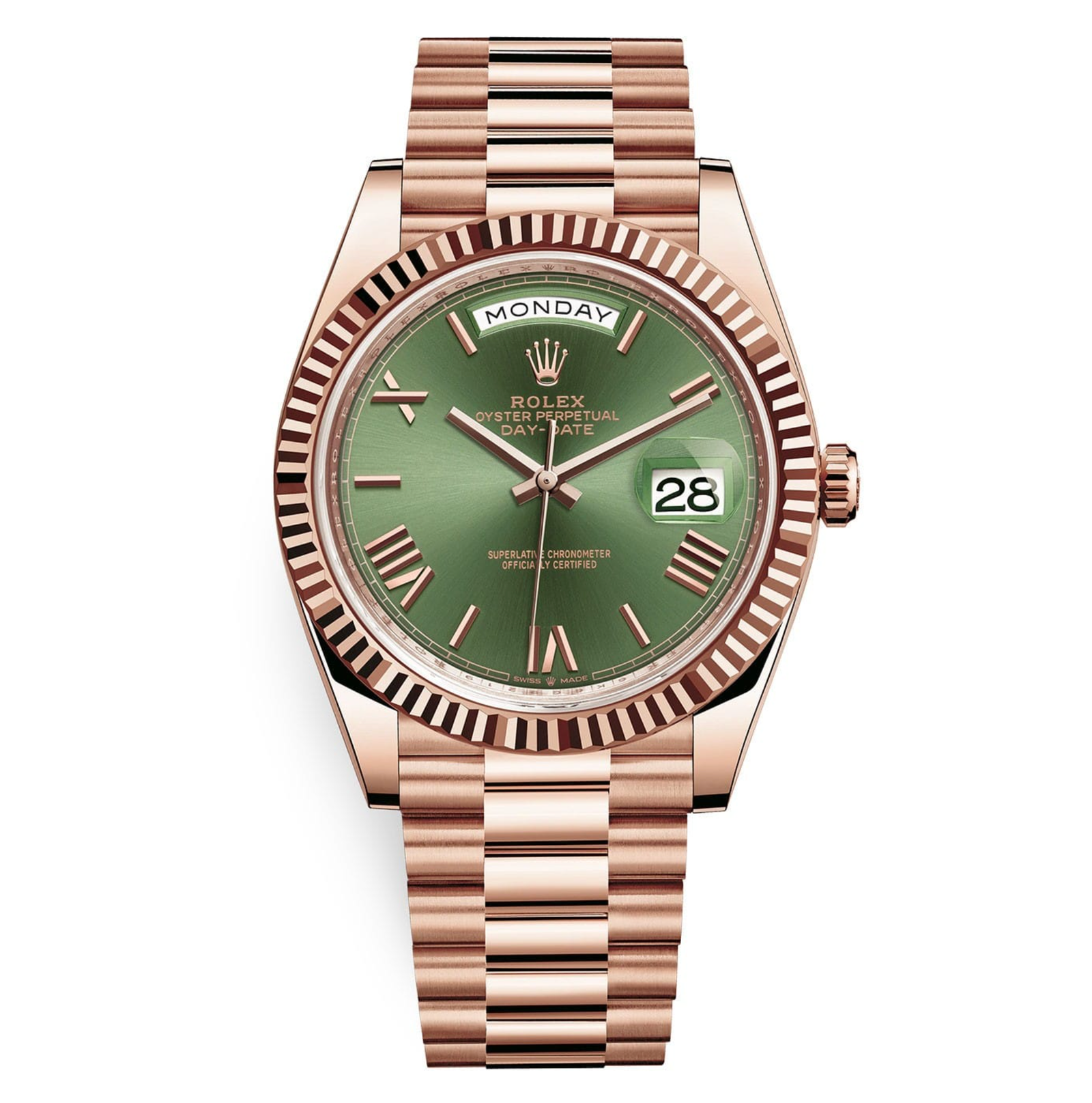 Pre-Owned-Rolex-Day-Date-228235-40mm-Everose-Gold-with-Olive-Green-Roman-Dial-JD-Watches-NY.png Rolex Day-Date 228235 – 40mm Everose Gold with Olive Green Roman Dial - Image 1
