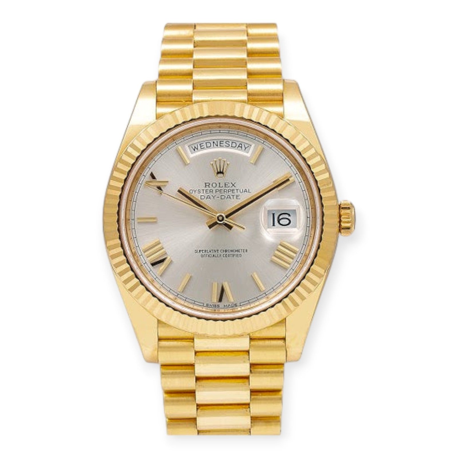 Pre-Owned-Rolex-Day-Date-40-Yellow-Gold-President-Silver-Roman-Dial-218238-JD-Watches-NY.jpg Rolex Day Date 40 Yellow Gold President Silver Roman Dial 218238 - Image 1