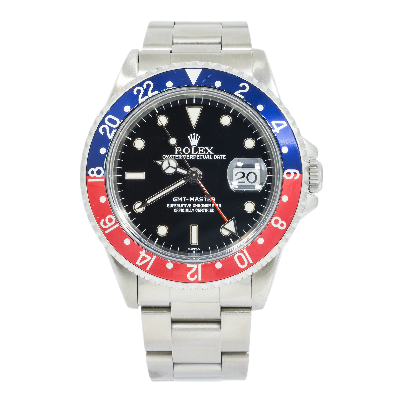Pre-Owned-Rolex-Stainless-Steel-GMT-Master-II-16700-with-Red-and-Blue-Insert-Pepsi-and-Oyster-Bracelet-JD-Watches-NY.png Rolex Stainless Steel GMT Master II 16700 with Red and Blue Insert (Pepsi) and Oyster Bracelet - Image 1
