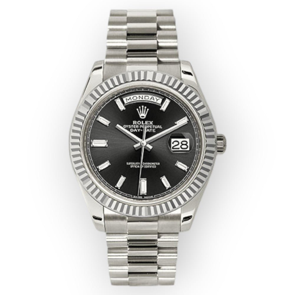 Pre-Owned-Rolex-White-Gold-Day-Date-40-Watch-Black-Baguette-Diamond-Dial-President-Bracelet-JD-Watches-NY.jpg Rolex White Gold Day-Date 40 Watch Black Baguette Diamond Dial - President Bracelet - Image 1