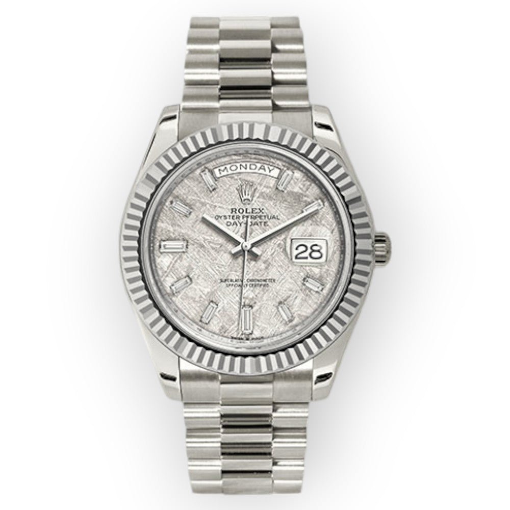 Pre-Owned-Rolex-White-Gold-Day-Date-40-Watch-Meteorite-Baguette-Diamond-Dial-President-Bracelet-JD-Watches-NY.jpg Rolex White Gold Day-Date 40 Watch Meteorite Baguette Diamond Dial - President Bracelet - Image 1
