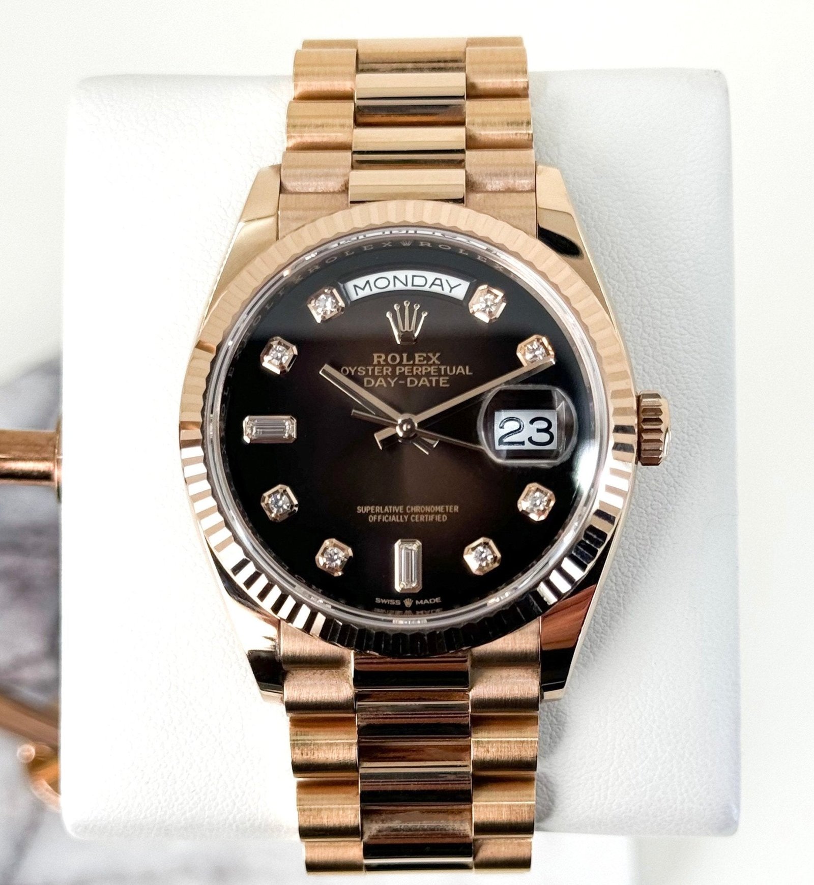 rolex-day-date-36-rose-gold-brown-ombre-diamond-dial-fluted-bezel-president-bracelet-128235-545777.jpg Rolex Day-Date 36 Rose Gold Brown Ombre Diamond Dial & Fluted Bezel President Bracelet 128235 - Image 1